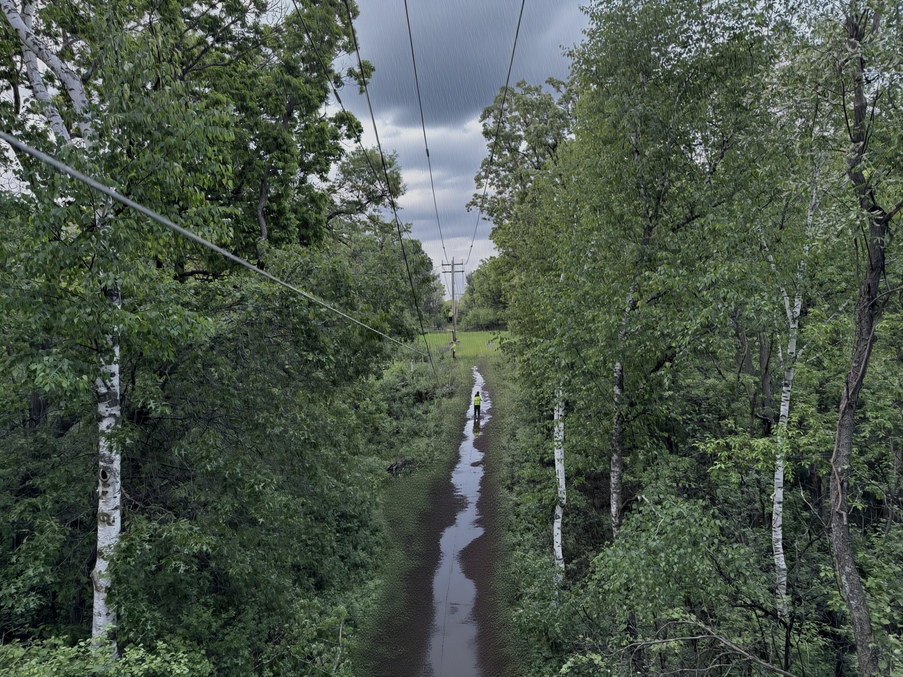 MCI fiber right-of-way cut through the woods toward a Midwest sky