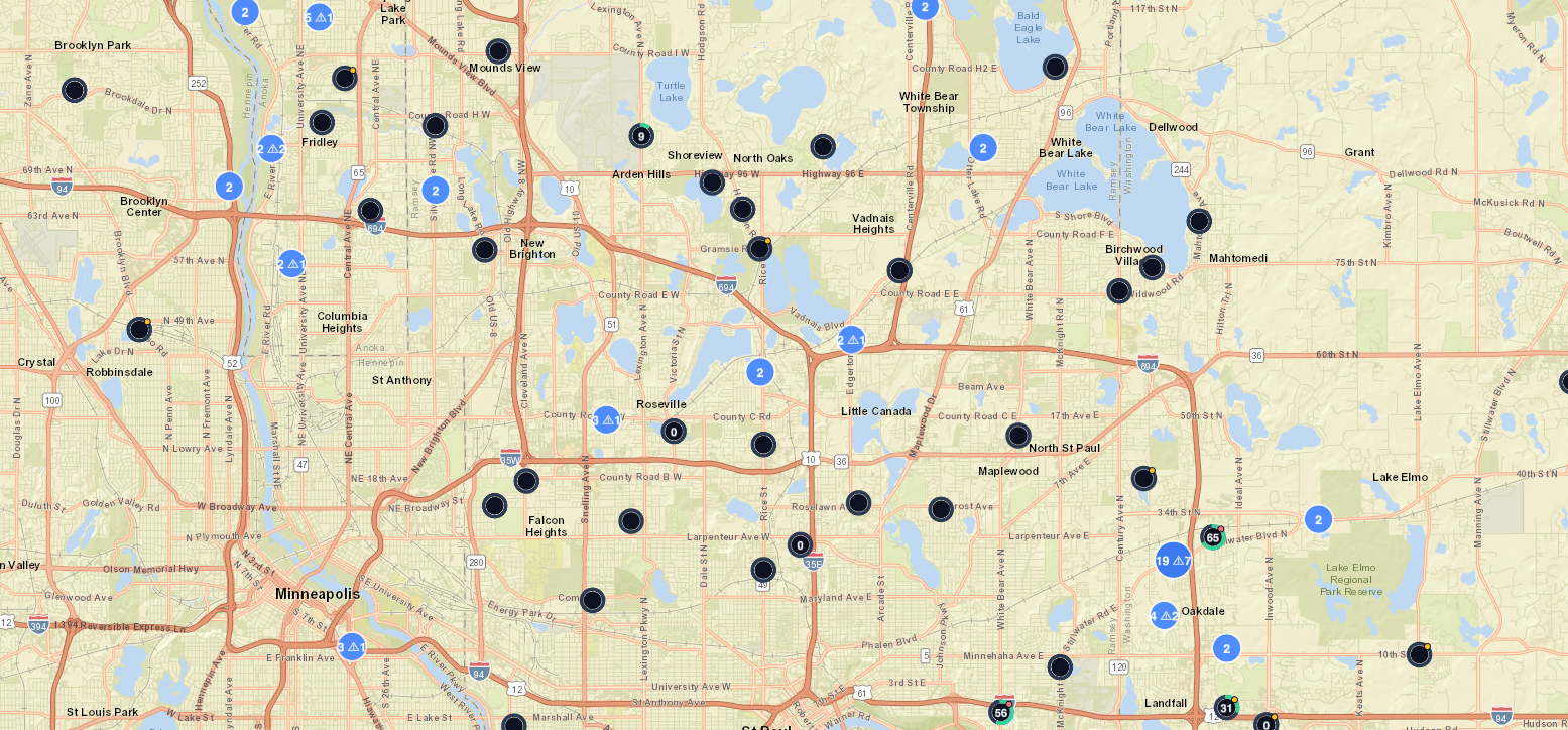 MCI Master ERP live job map — active jobs clustered across the Twin Cities metro